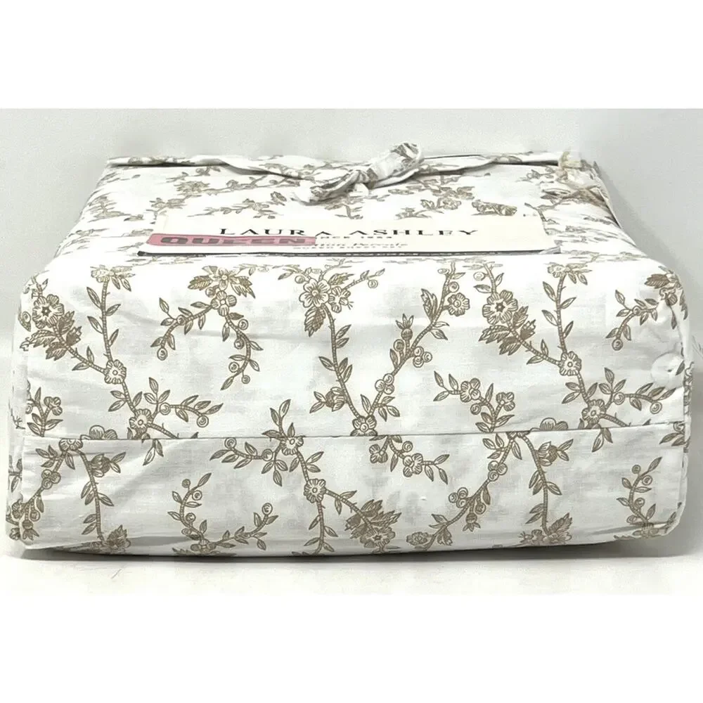 Laura Ashely Beige Tan White Floral Queen Sheet Set Cotton Percale NWT Victoria